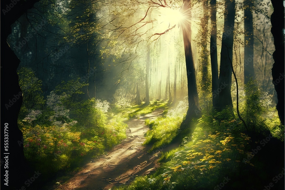 Beautiful forest in spring with bright sun shining through the trees. Generative AI