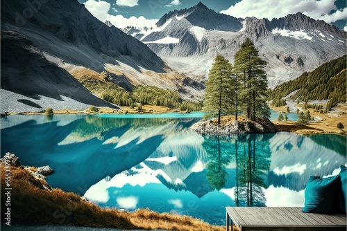 Azure pond Champfer is a unique place on earth. Picturesque day and gorgeous scene. Location Silvaplana village, Swiss alps, Maloja, Europe. Wonderful image of wallpaper. Generative AI