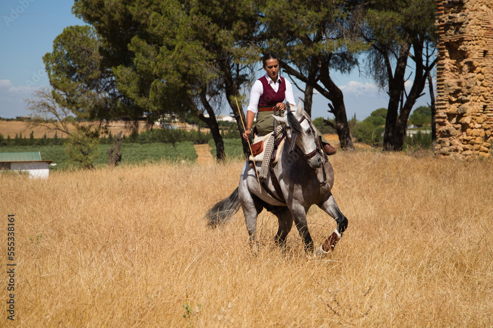 Young, beautiful Spanish woman on a brown horse in the countryside. The horse raises its front legs. She is doing dressage exercises. Thoroughbred and equine concept. Young, beautiful Spanish woman on a brown horse in the countryside. The horse raises its front legs. She is doing dressage exercises. Thoroughbred and equine concept.