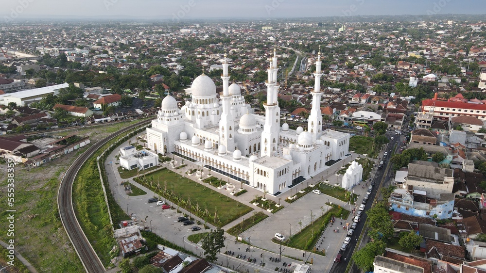 Aerial view in the evening, Sheikh Zayed Grand Mosque in Surakarta, Central Java, Indonesia. Very beautiful and majestic.