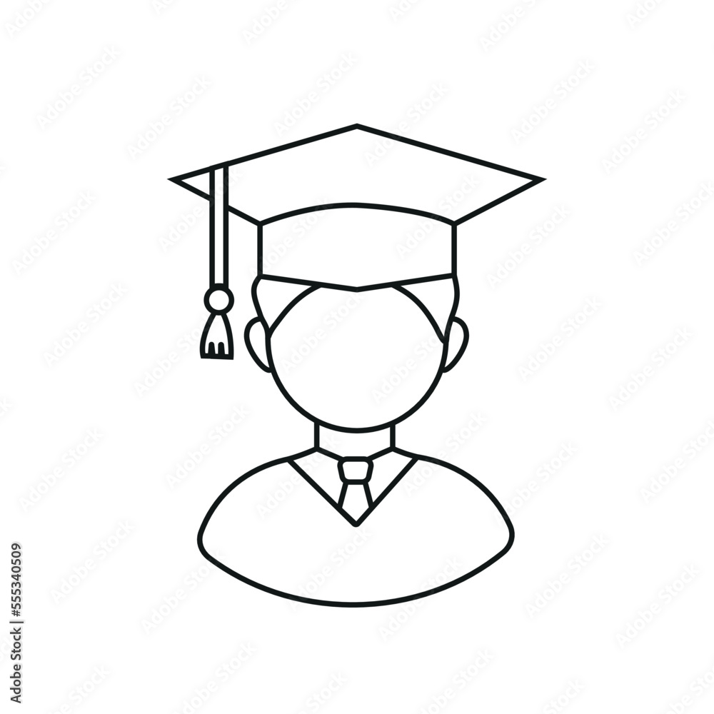 Graduation student man in cap and gown. Graduating student avatar. Vector line icon isolated on white background. Graduation student man in cap and gown. Graduating student avatar. Vector line icon isolated on white background.