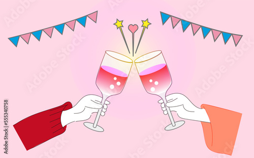 バレンタインデーで乾杯するカップル　夫婦　ガーランド