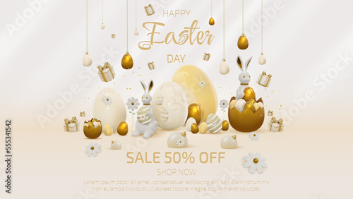 3d realistic rabbit and egg and gift box elements and ribbon decorations. Easter sale banner template background.