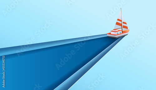 Paper sailboat floating and cut a paper at the same time, Travel and journey concept