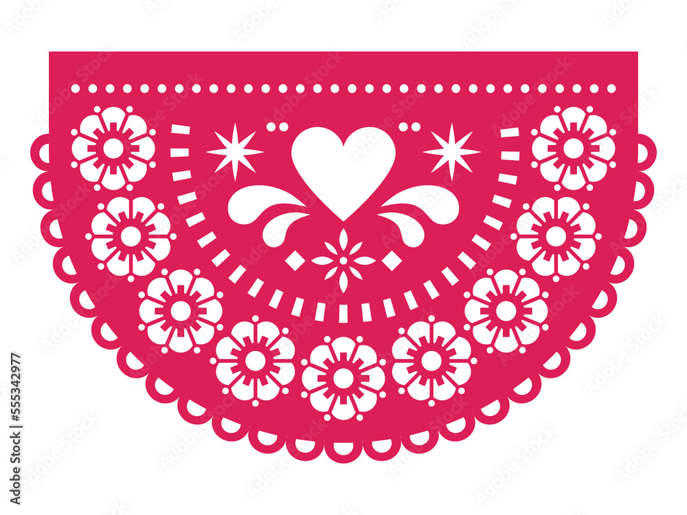 Valentine's Day paper cutout decoration Papel Picado vector half circle