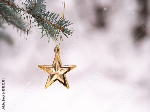 Złota bombka w kształcie gwiazdy na gałęzi choinki, święta, święta bożego narodzenia