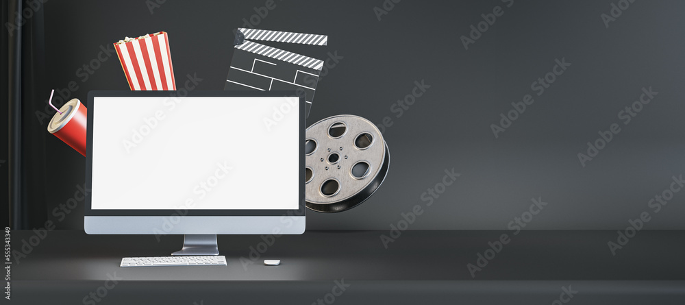 Online movie watching and cinematography concept with blank white ...