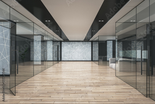 Modern office corridor interior with glass doors, furniture and wooden parquet flooring. Architecture and design concept. 3D Rendering.