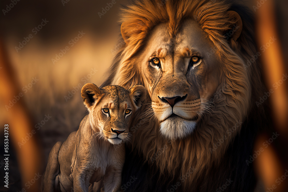 This proud male aftican lion is cuddled by his cub during an