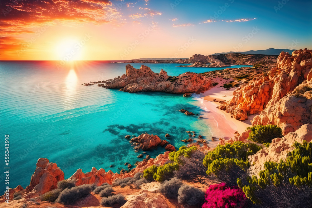 Beautiful spring scenery. Colorful morning scene of Sardinia, Italy, Europe. Fantastic sunrise on Del Sinis peninsula. Picturesque seascape of Mediterranean sea. Digital artwork	
 - obrazy, fototapety, plakaty 
