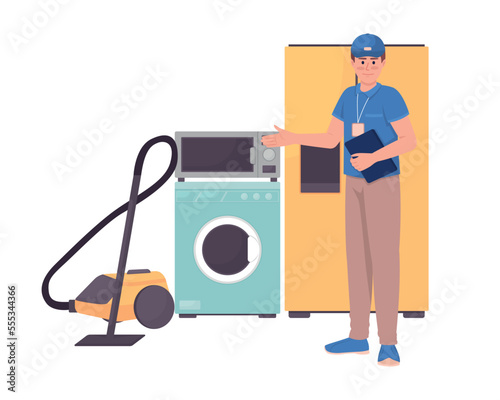 Household appliance consultant 2D vector isolated illustration. Domestic electronic techniques. Male flat character on cartoon background. Colorful editable scene for mobile, website, presentation