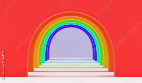 Empty corridor of several round arches in perspective with rainbow walls, white floor and shadows. Minimal background. Abstract architecture. Vector illustration of archway. Inside interior