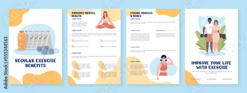 Workout consistency pros flat vector brochure template. Booklet, leaflet printable flat color designs. Editable magazine page, reports kit with text space. Nerko One, Quicksand, Comfortaa fonts used