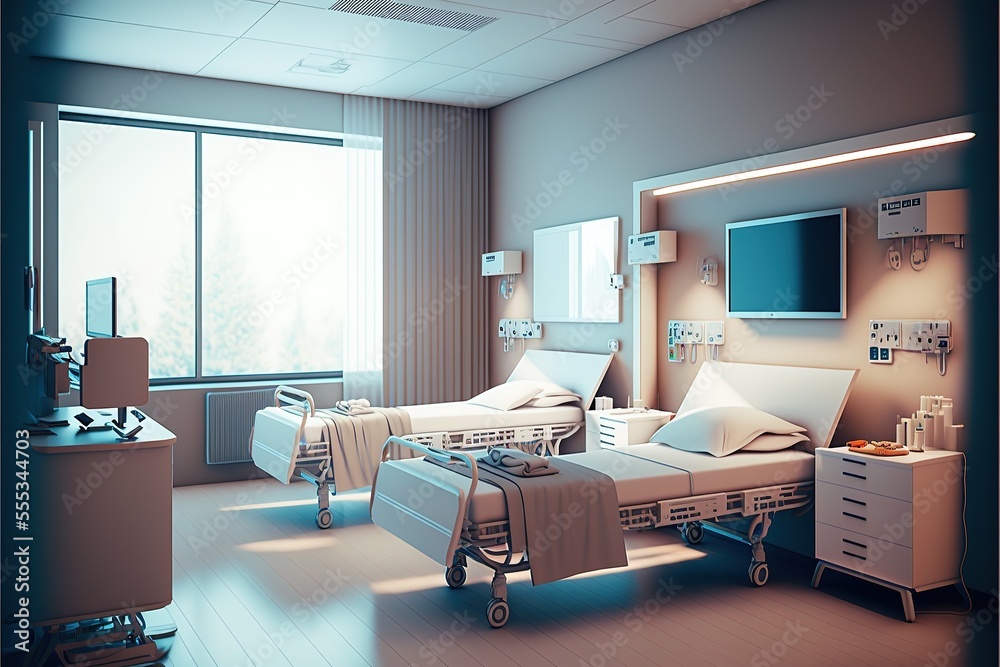 Hospital room with beds and comfortable medical equipped in a modern