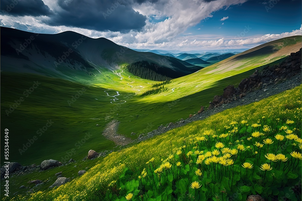 green flower meadows in the Carpathian mountains. Generative AI