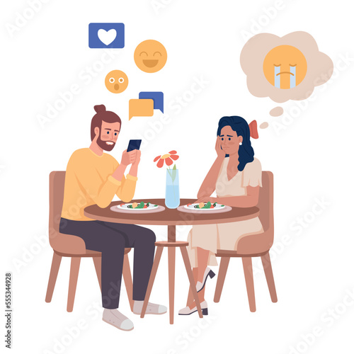 Device addiction semi flat color vector characters. Editable figures. Full body people on white. Relationship problems simple cartoon style illustration for web graphic design and animation