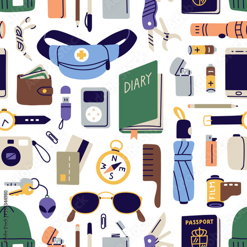 Seamless pattern, travel stuff, tourists accessories. Repeating print, background of bag contents, touristic supplies, survival items, essentials, passport, camera. Flat graphic vector illustration