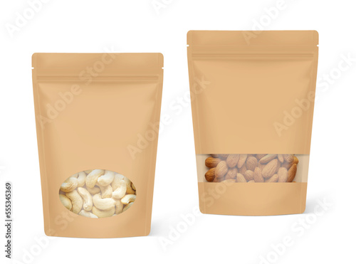 Kraft pouch bag with windows mockup. Vector illustration. Your product is visible through the window. Perfect for the presentation of your product. EPS10.