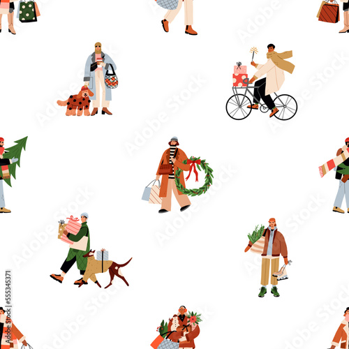 People on Christmas street, seamless pattern. Happy characters with gifts on ...