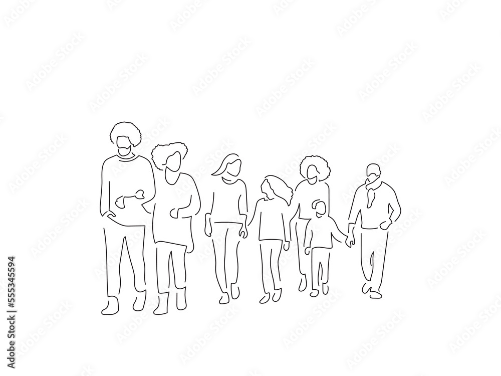 Family walking in line art drawing style. Composition of casual people. Black linear sketch isolated on white background. Vector illustration design. Family walking in line art drawing style. Composition of casual people. Black linear sketch isolated on white background. Vector illustration design.