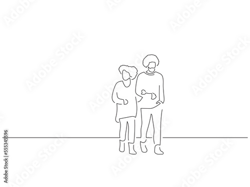 Group of people walking in line art drawing style. Composition of casual people. Black linear sketch isolated on white background. Vector illustration design.