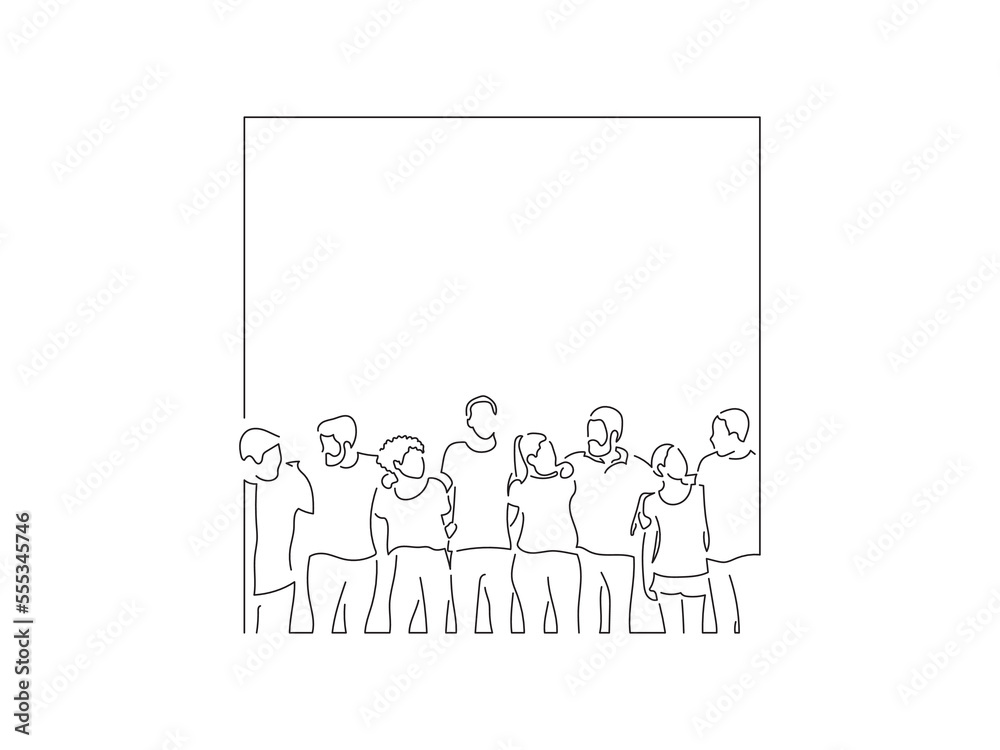 Group of people joined in line art drawing style. Composition of casual people. Black linear sketch isolated on white background. Vector illustration design.