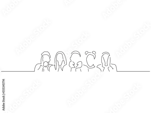 Group of people in line art drawing style. Composition of casual people. Black linear sketch isolated on white background. Vector illustration design.