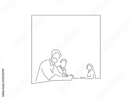 Group of people at a table in line art drawing style. Composition of casual people. Black linear sketch isolated on white background. Vector illustration design.