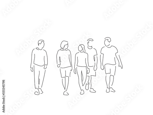 Group of people walking in line art drawing style. Composition of casual people. Black linear sketch isolated on white background. Vector illustration design.