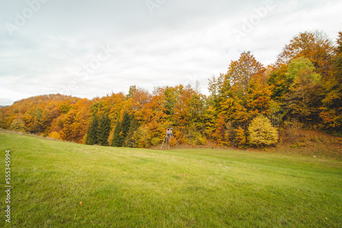 Gorgeous colourful autumn forest with a hunting seat watching the meadow in front of it. Strazovske vrchy, Slovakia, Eastern Europe. The beauty of November