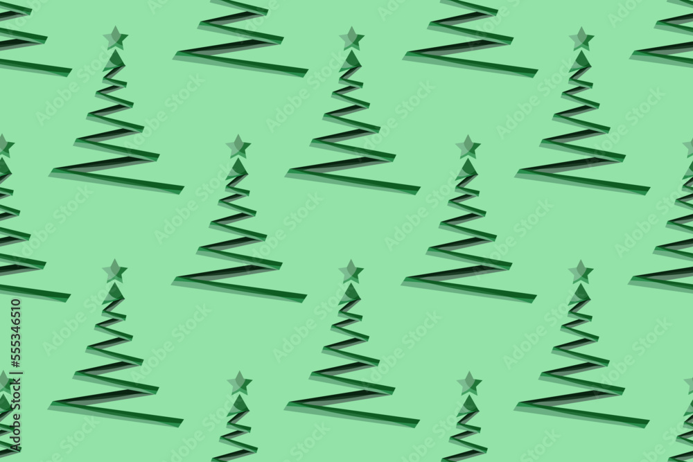 Fototapeta premium Seamless pattern with creative geometric christmas tree on green background with star. Christmas wallpaper or bed linen print. Marketing material. Website banner concept.