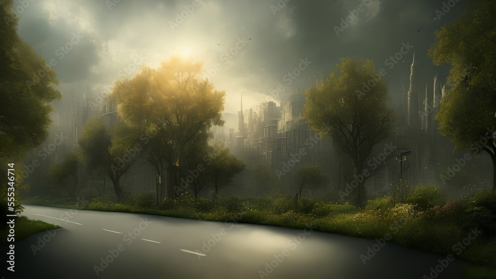 Naklejka premium Generative AI,empty road amidst trees against sky