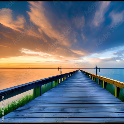 Generative AI view of pier over sea against sky during sunset