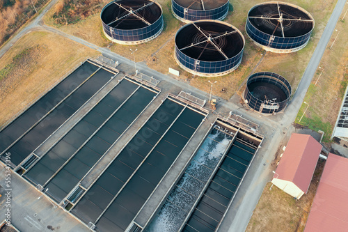 Sewage, sewerage and wastewater treatment plant, aerial view from drone.