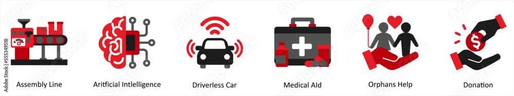 Obraz premium Six Medical icons in red and black as assemble line, artificial intelligence, driverless car