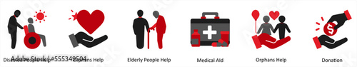 Six Medical icons in red and black as disabled people help, orphans help, elderly people help