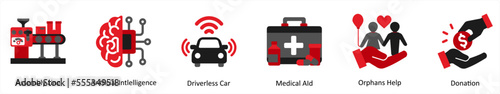 Six Medical icons in red and black as assemble line, artificial intelligence, driverless car