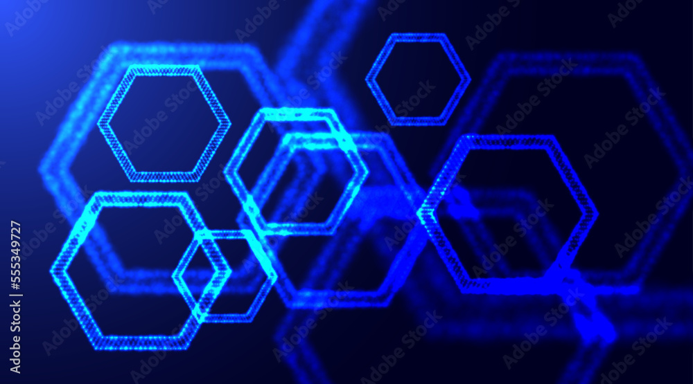 Hexagonal technology abstract background. Glowing neon particles honeycomb shapes. Abstract molecule model. Scientific research in molecular chemistry. The Graphene molecular atomic hexagonal Hexagonal technology abstract background. Glowing neon particles honeycomb shapes. Abstract molecule model. Scientific research in molecular chemistry. The Graphene molecular atomic hexagonal