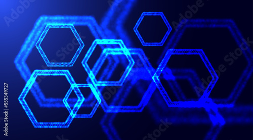 Hexagonal technology abstract background. Glowing neon particles honeycomb shapes. Abstract molecule model. Scientific research in molecular chemistry. The Graphene molecular atomic hexagonal