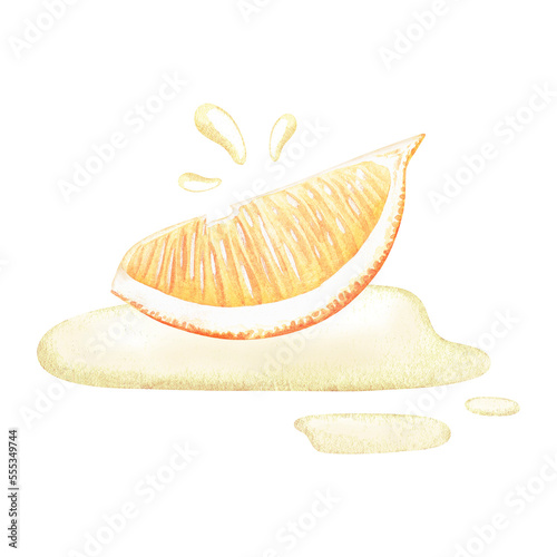 Slice with lemon juice. Watercolor illustration. Isolated on a white background. For your design recipes, kitchen utensils, product packaging with citrus acid or scent, crockery prints
