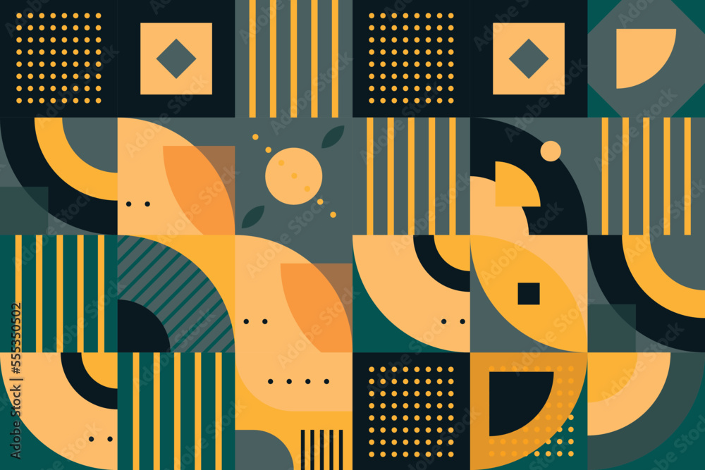 Obraz premium Abstract geometric shapes seamless pattern It consists of a polyhedron such as a circle square triangle Used in the textile industry, fabric pattern, paper, wallpaper, book cover