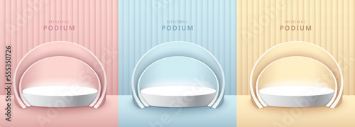 Set of abstract 3D room with realistic cylinder pedestal stand podium. Minimal scene for product display presentation. Vector geometric platform. Stage for showcase.