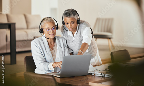 Laptop, consulting and woman help mentor while doing presentation in a virtual meeting, documents and strategy. Team, virtual and businesswoman coaching online seminar while training her assistant