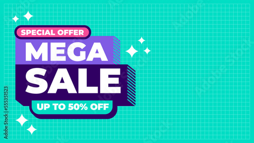 Mega sale banner design with flat retro style, trendy colorful background for media promotion social media post and web banner