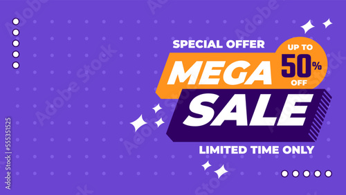 Mega sale banner design with flat retro style, trendy colorful background for media promotion social media post and web banner