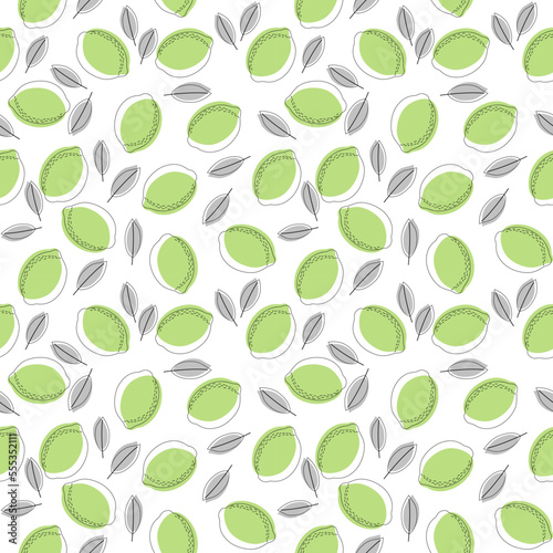 Vector seamless pattern of green limes and leaves. Fruity citrus pattern on a white background in a flat style. Ideal for printing on fabric, wrapping paper, wallpaper, etc.