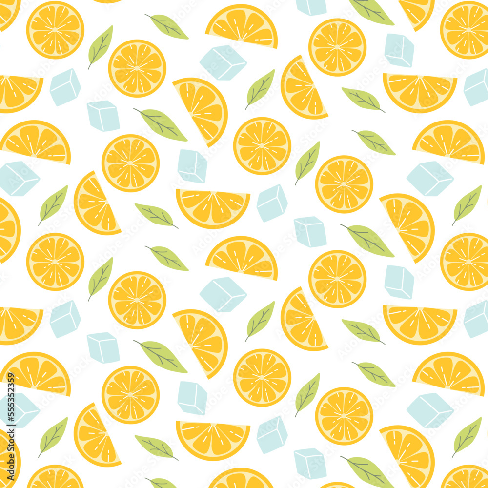 Seamless pattern with lemon slices. Fresh pattern with lemon, mint and ice. Vector illustration. Flat hand drawn style.