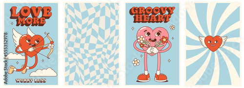 Set retro groovy poster with heart and abstract background. Happy Valentines Day. Groovy heart. Love more, worry less. Trendy 70s cartoon style. Card, postcard, print. photo