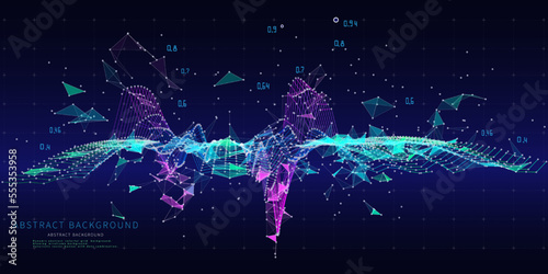 Abstract background contain wireframe graph in chaotic tangle data on dark. Technology polygonal concept in web virtual space. Big Data. Banner for business, science and technology .