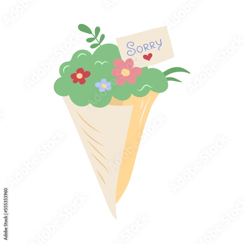 Bouquet of flowers with postcard sorry